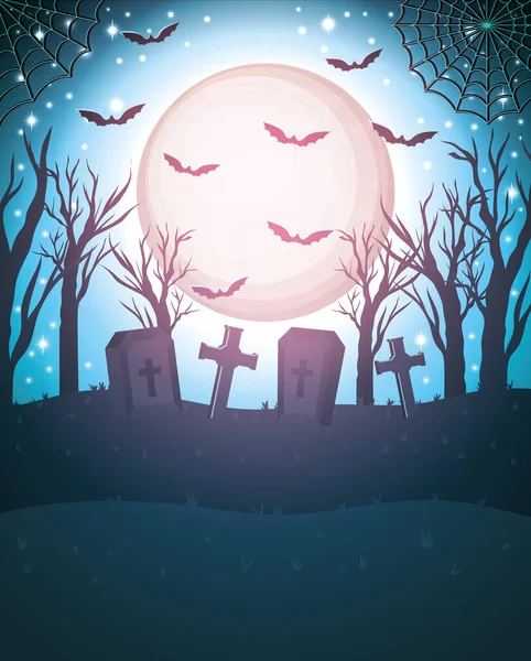 Pipistrelli di Halloween che volano con la luna nel cimitero — Vettoriale Stock