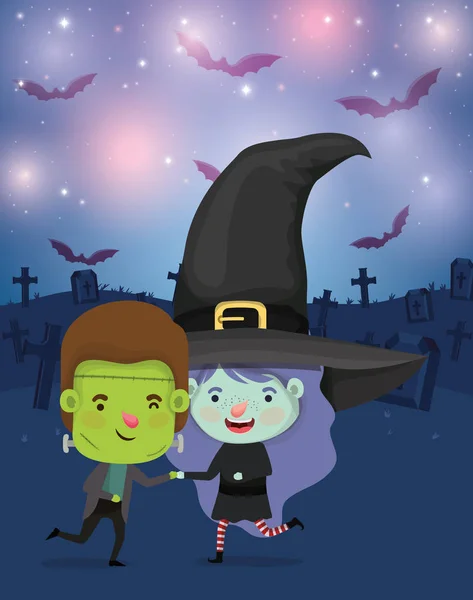 Tarjeta de Halloween con los niños disfrazados en la escena del cementerio oscuro — Vector de stock