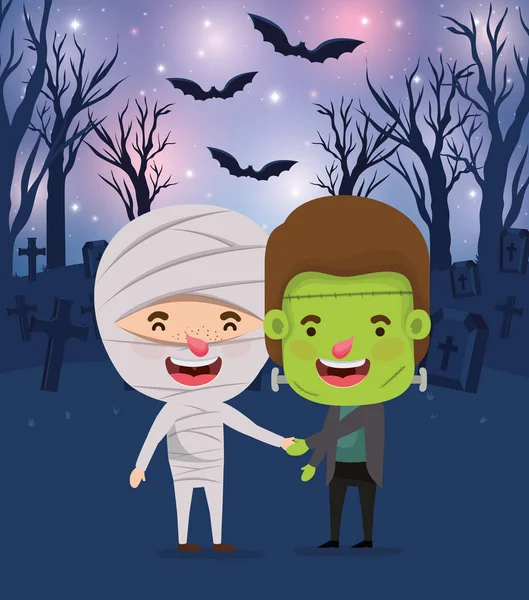 Halloween kártya gyerekekkel kosztümös sötét temető jelenet — Stock Vector