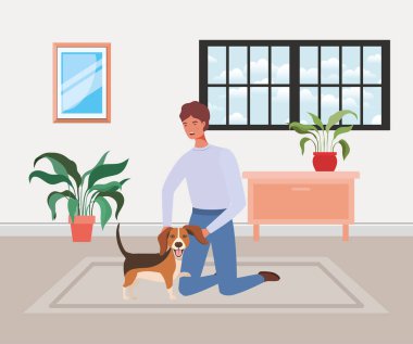 ev odasında sevimli köpek maskotu ile genç adam