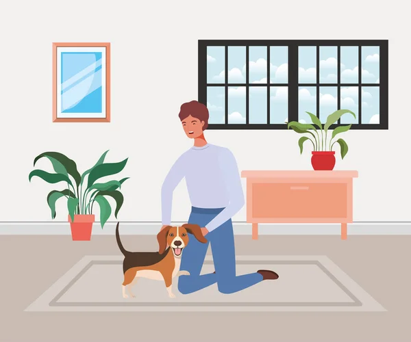 Ev odasında sevimli köpek maskotu ile genç adam — Stok Vektör