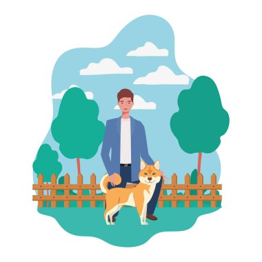 kampta sevimli köpek maskotu ile genç adam