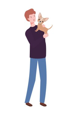 genç adam sevimli köpek maskotu karakterleri kaldırma