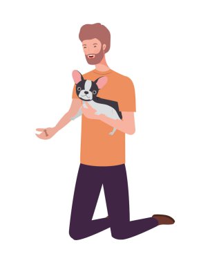 genç adam sevimli köpek maskotu karakterleri kaldırma