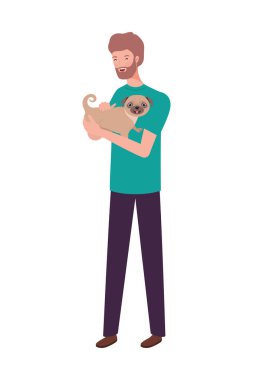 genç adam sevimli köpek maskotu karakterleri kaldırma