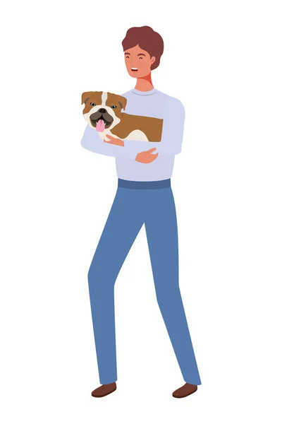 Jovem homem levantando bonito cão mascote personagens — Vetor de Stock