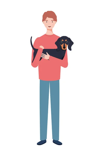 Joven hombre levantando lindo perro mascota caracteres — Vector de stock