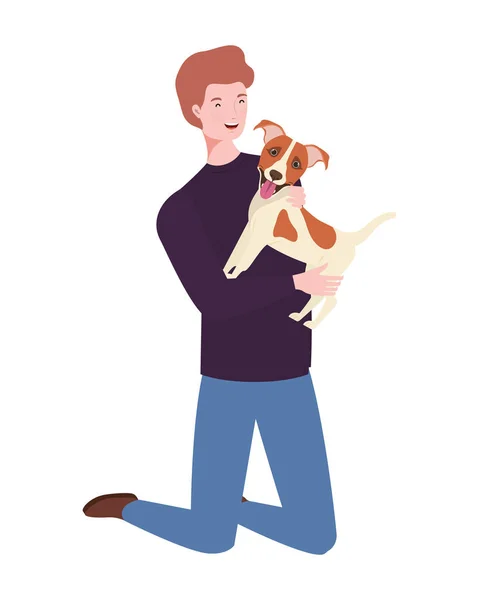 Joven hombre levantando lindo perro mascota caracteres — Vector de stock