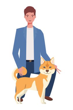 sevimli köpek maskotu karakterleri ile genç adam