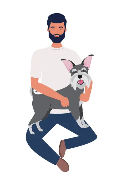 Giovane uomo sollevamento carino cane personaggi mascotte — Vettoriale Stock