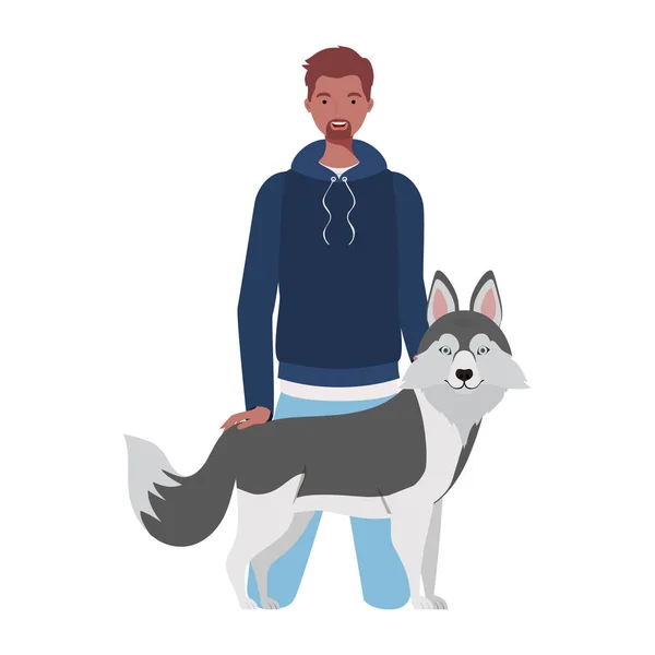 かわいい犬のマスコットキャラクターを持つ若い男 — ストックベクタ
