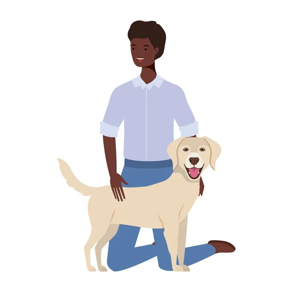 Joven afro hombre con lindo perro mascota caracteres — Vector de stock