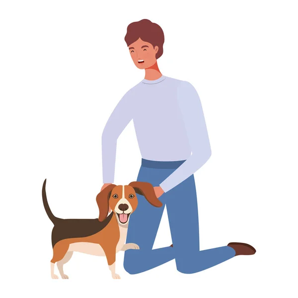 Joven hombre con lindo perro mascota personajes — Vector de stock