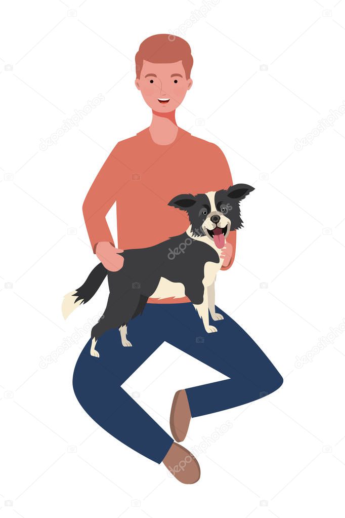 young man lifting cute dog mascot characters