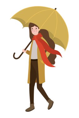 sonbahar takım elbise ve şemsiye karakteri ile yürüyen kadın