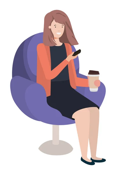 Jeune femme assise dans une chaise de salon en utilisant un smartphone — Image vectorielle