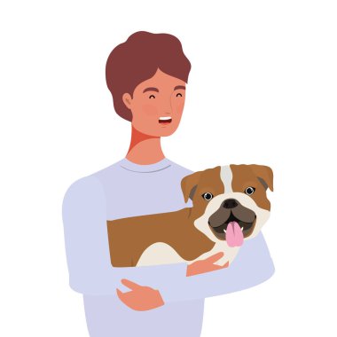 genç adam sevimli köpek maskotu karakterleri kaldırma