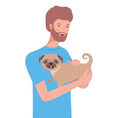 genç adam sevimli köpek maskotu karakterleri kaldırma