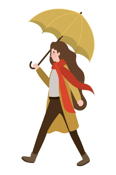 Woman walking with autumn suit and umbrella character — Stock Vector