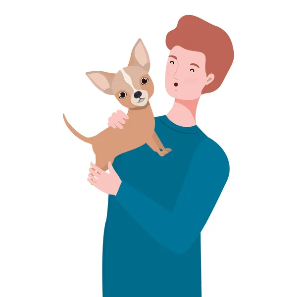 Joven hombre levantando lindo perro mascota caracteres — Vector de stock