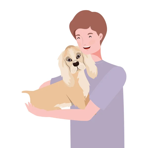 Joven hombre levantando lindo perro mascota caracteres — Vector de stock