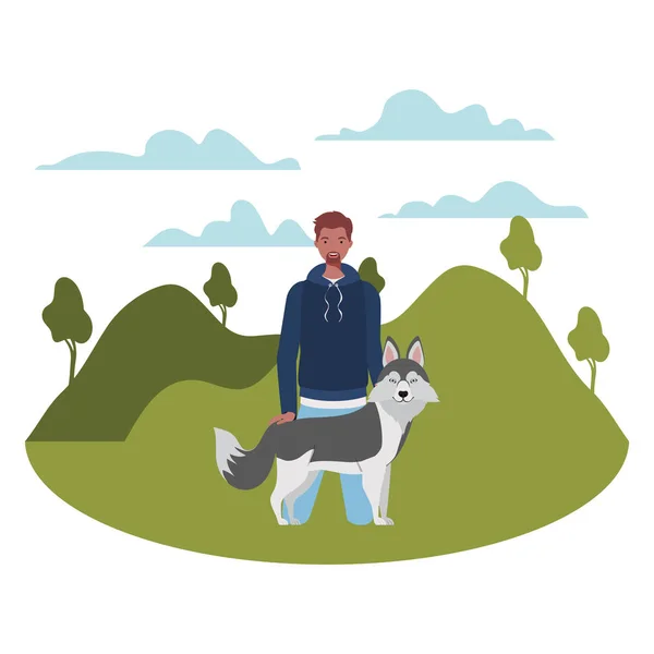 Joven afro hombre con lindo perro mascota en el campamento — Vector de stock