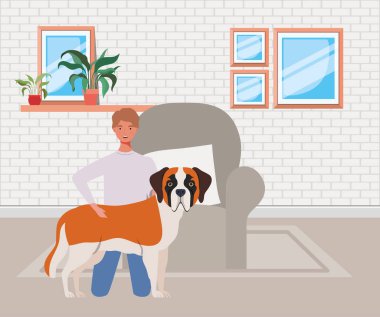 oturma odasında sevimli köpek maskotu ile genç adam