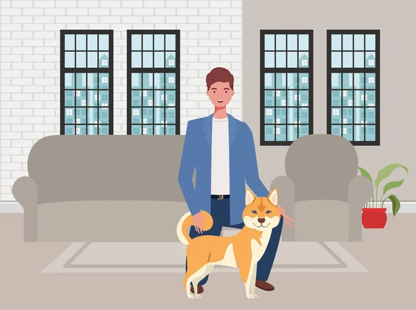 Mladý muž s roztomilým psím maskotem v obýváku — Stockový vektor