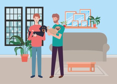 oturma odasında sevimli köpekler maskotlar ile genç erkekler