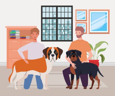 evde sevimli köpekler maskotlar ile genç erkekler