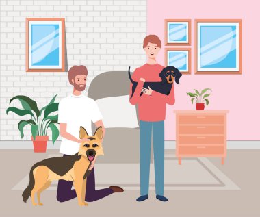 oturma odasında sevimli köpekler maskotlar ile genç erkekler