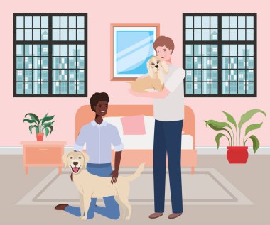 yatak odasında sevimli köpekler maskotlar ile genç erkekler