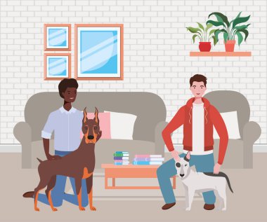 oturma odasında sevimli köpekler maskotlar ile genç erkekler