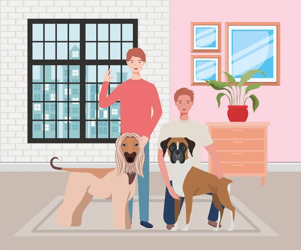 evde sevimli köpekler maskotlar ile genç erkekler