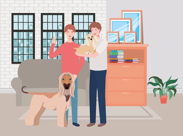 Hombres jóvenes con lindos perros mascotas en el salón — Vector de stock