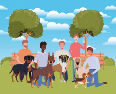 kampta sevimli köpekler maskotlar ile erkek grubu