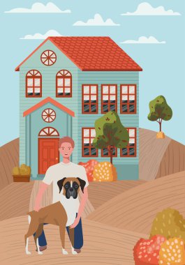 Sonbahar şehri sahnesinde sevimli köpek maskotu olan genç bir adam.