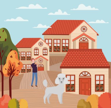 sonbahar şehir sahnesinde sevimli köpekler maskotlar ile genç adam