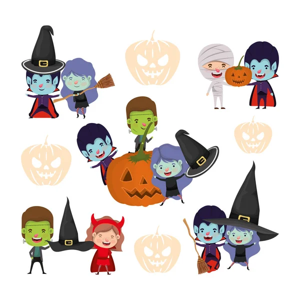 Groupe de petits enfants avec des personnages costumes — Image vectorielle