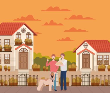 sonbahar şehir sahnesinde sevimli köpekler maskotlar ile genç erkekler