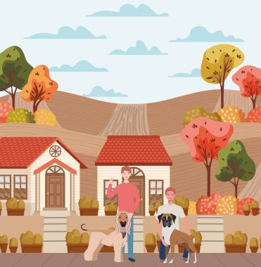 sonbahar şehir sahnesinde sevimli köpekler maskotlar ile genç erkekler