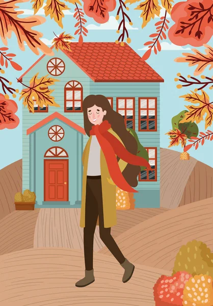 Mujer caminando con traje de otoño en la ciudad — Vector de stock