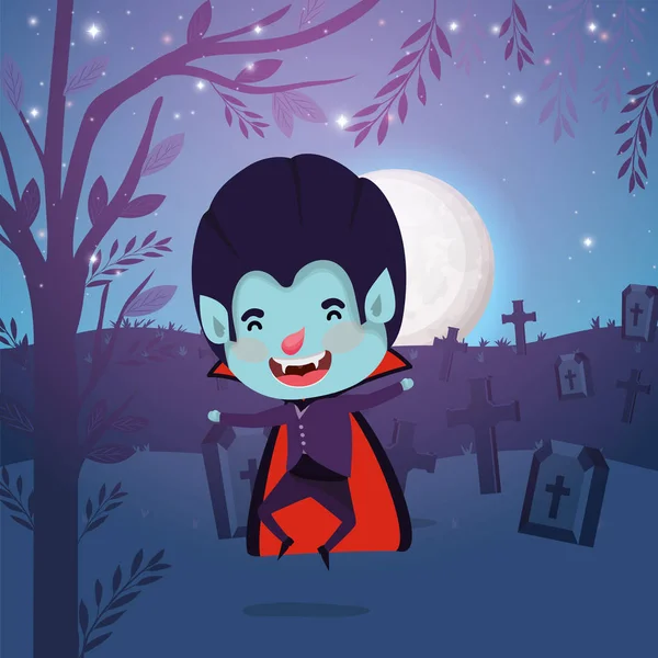 Halloween temporada escena con niño traje dracula — Vector de stock