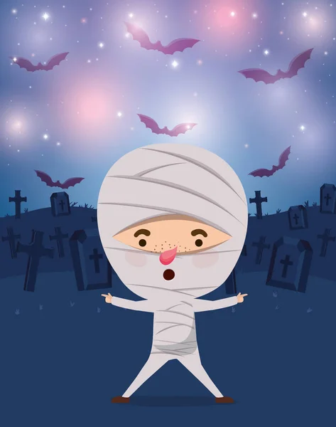 Halloween temporada escena con niño traje momia — Vector de stock