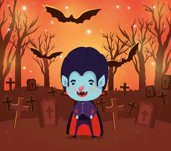 Halloween temporada escena con niño traje dracula — Vector de stock