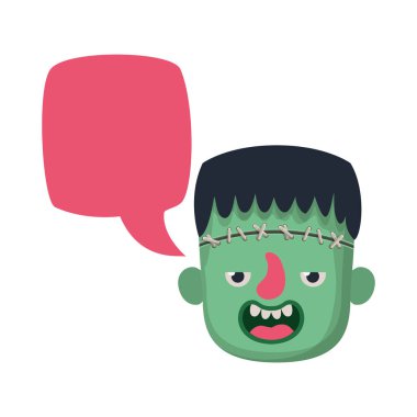 Frankenstein kostümlü şirin küçük çocuk konuşuyor.