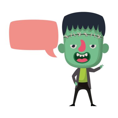 Frankenstein kostümü ve konuşma balonu olan sevimli küçük çocuk.