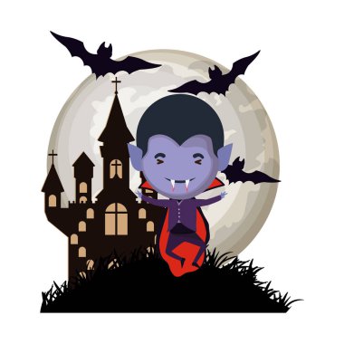 Karanlık şato sahnesinde Dracula kostümlü sevimli küçük çocuk.