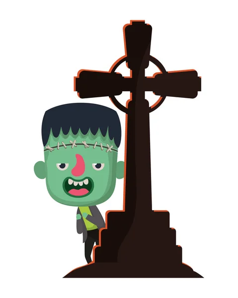 Lindo niño pequeño con cruz cementerio frankenstein traje — Vector de stock