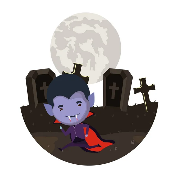 Lindo niño con traje de Drácula en la escena del cementerio oscuro — Vector de stock